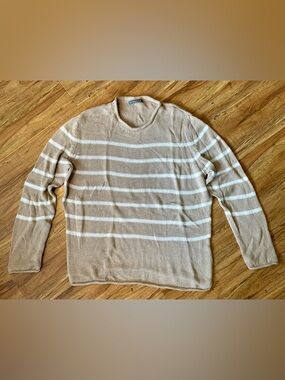 ALASHAN Tan Striped Crewneck Sweater with Cream Bands